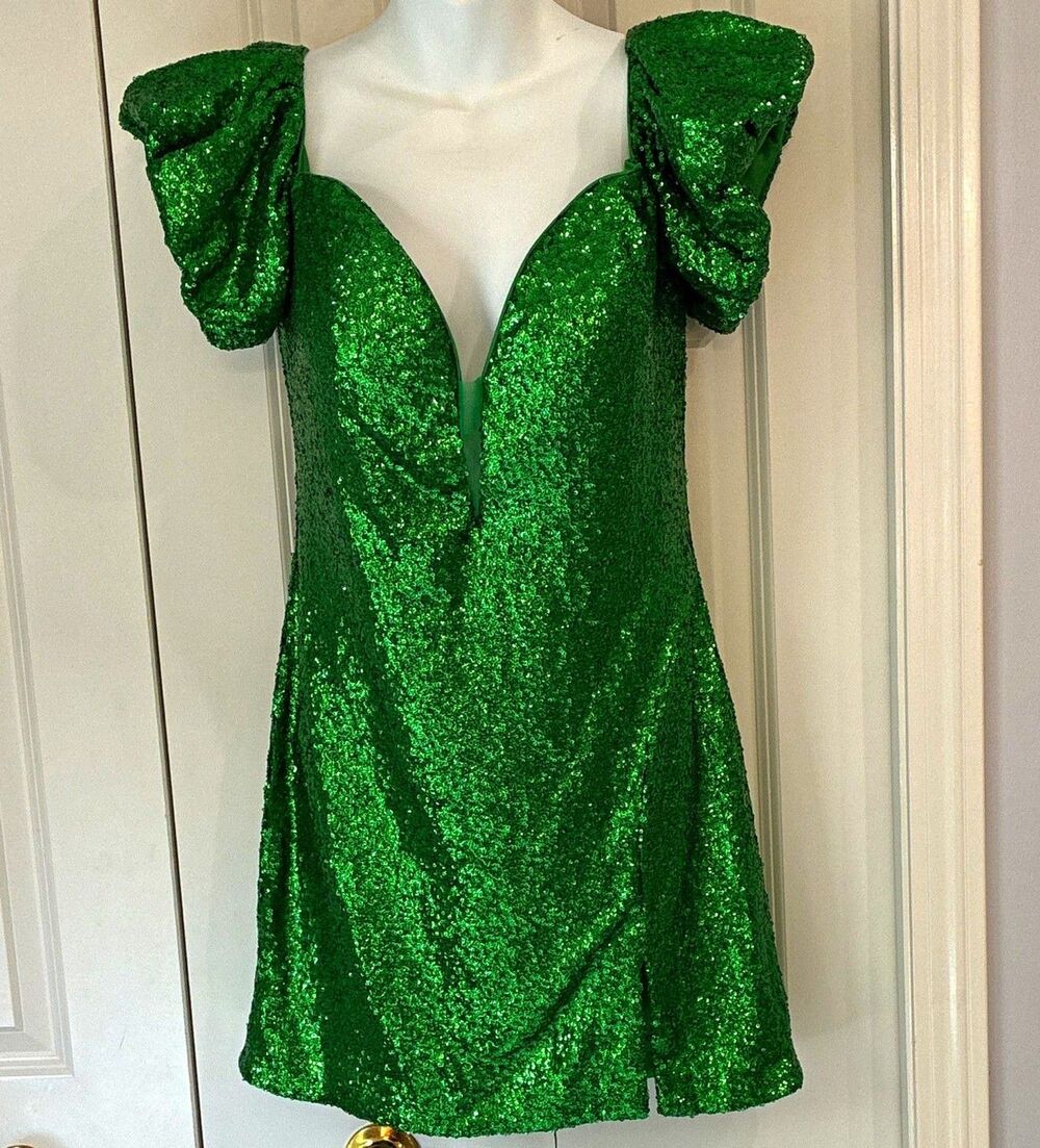 Jovani Green Sequin Puff Sleeve V-Neck Mini Dress Short Lined Women 12  09617A